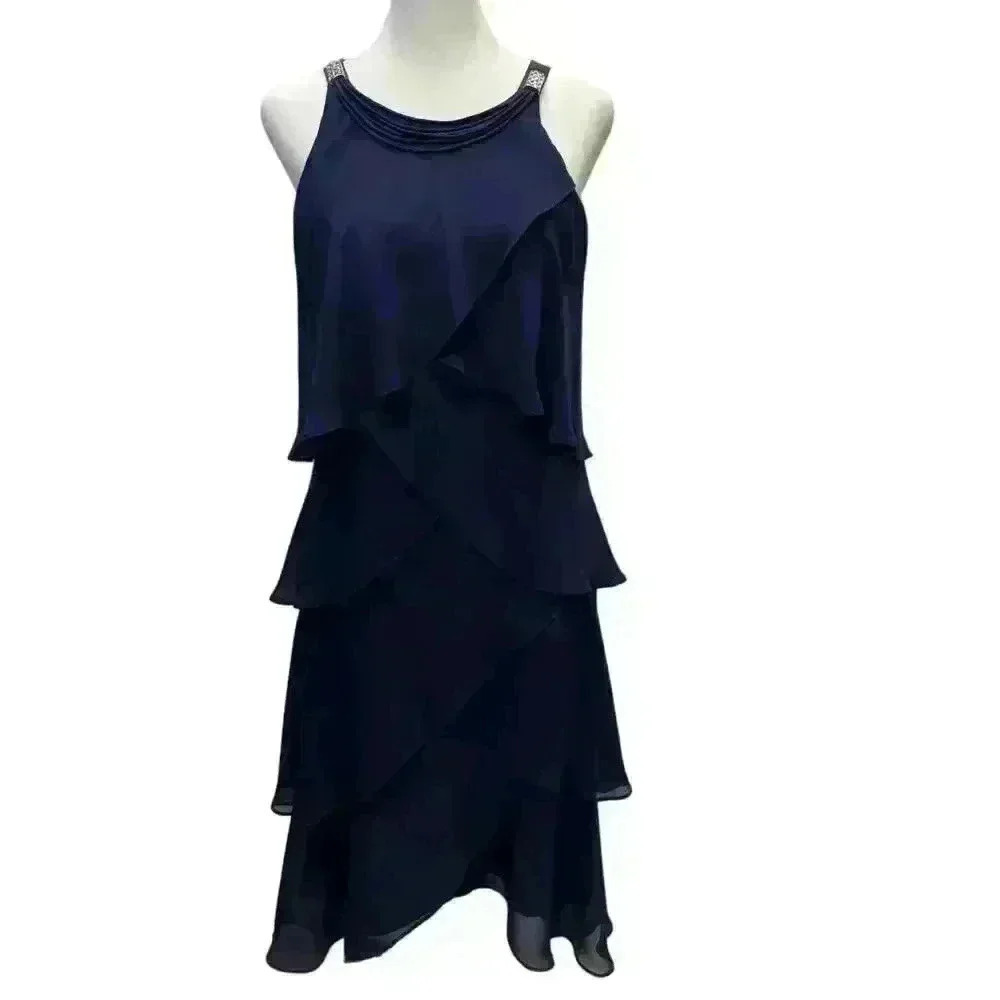 SLNY NAVY BLUE TIERED SLEEVELESS HALTER COCKTAIL DRESS ZIP UP BACK SIZE 6